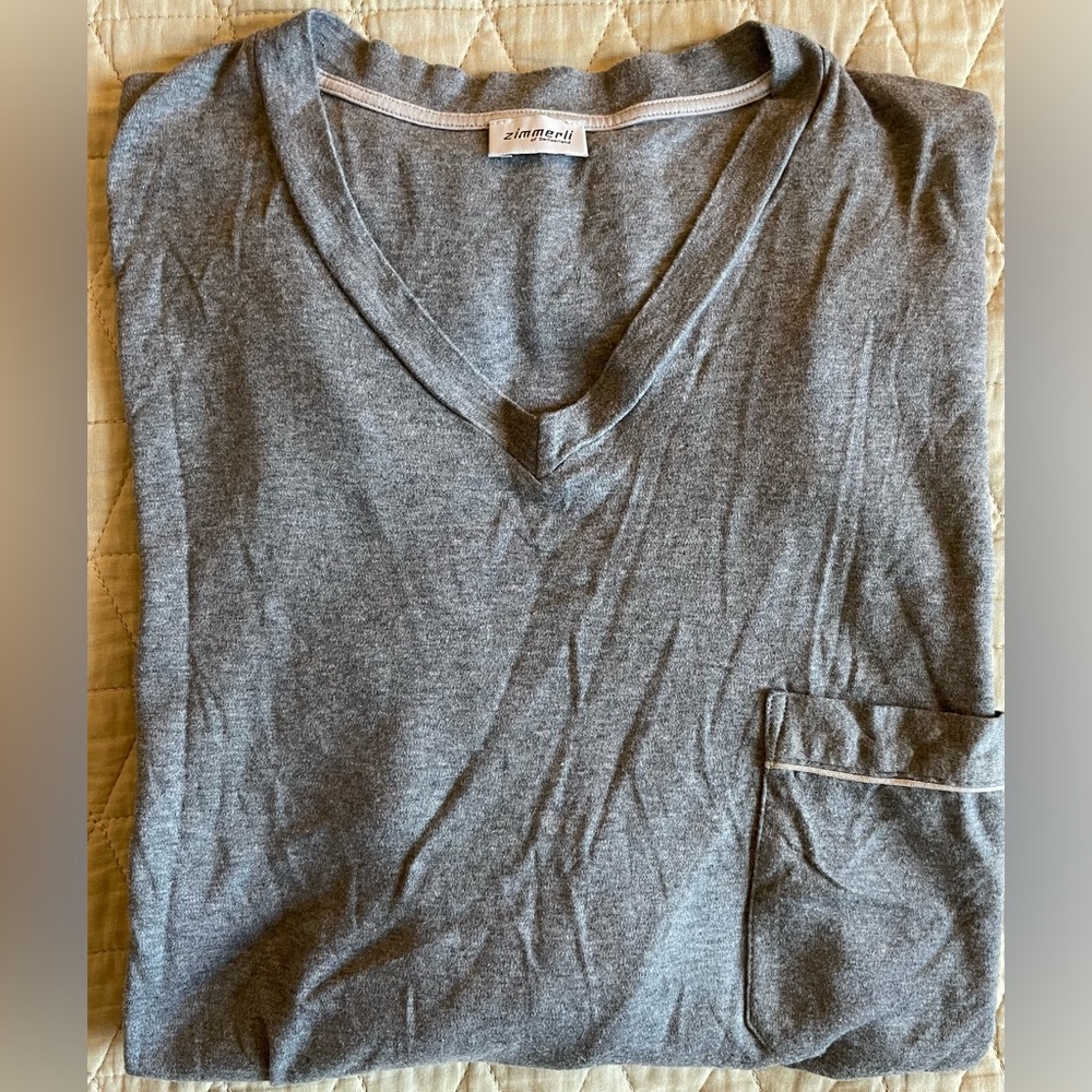 Zimmerli of Switzerland V-Neck Long Sleeve Chest Pocket Tee in Gray Size S